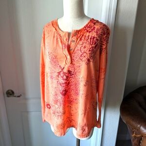 Orange Print Long Sleeve Tee with Raw Edges